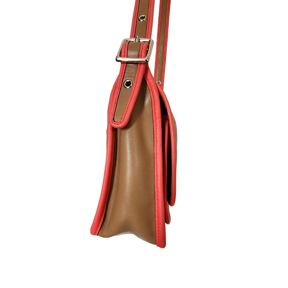 Coach Rambler Tan & Coral Leather Flap Shoulder Bag - Picture 4 of 14